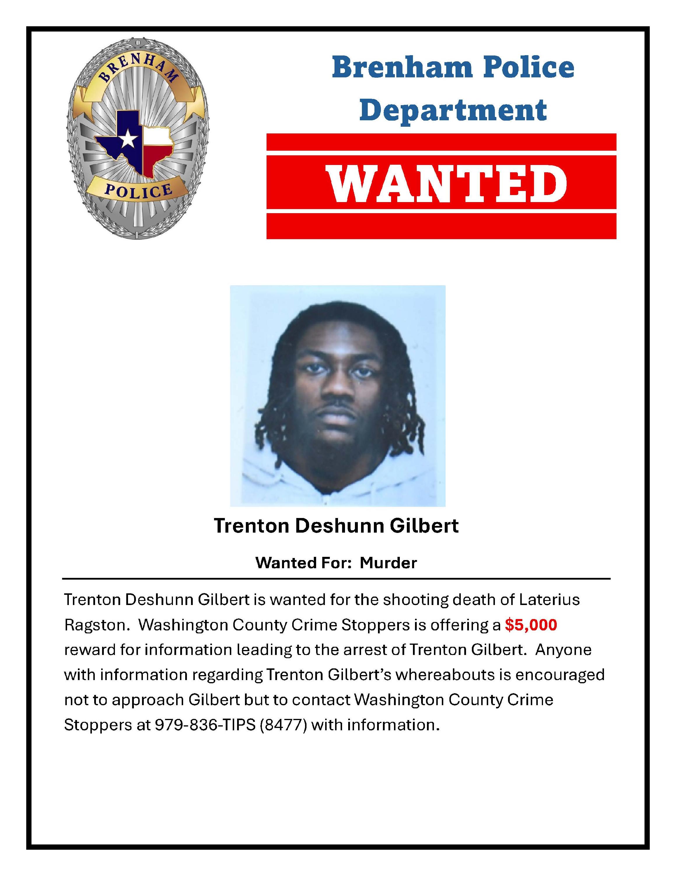 wanted poster with Trenton Deshunn Gilbert's photo